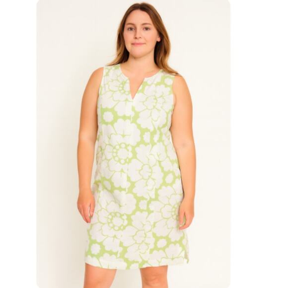 Boden SZ 18L 100% Linen Green White Floral V-Neck Sleeveless Shift Dress Pockets - Picture 1 of 8